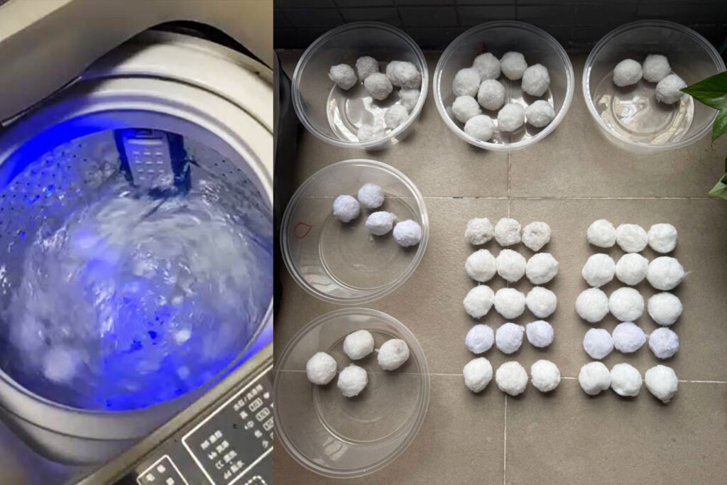 Polyester fiber balls undergoing a machine wash cleaning test