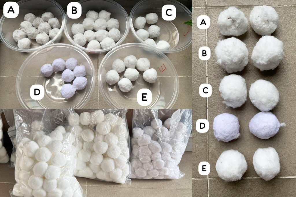 Polyester fiber filter ball recovery test after washing