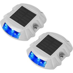 Blue LED road stud marker with solar power, designed for high visibility.