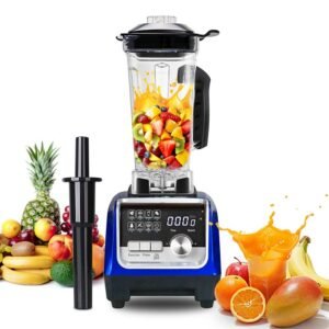Blue juicer blender filled with fruits, making smoothies and juices
