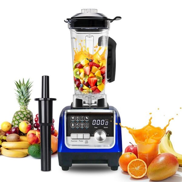 Blue juicer blender filled with fruits, making smoothies and juices