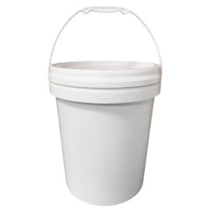 Front view of 5-gallon food grade plastic bucket with lid