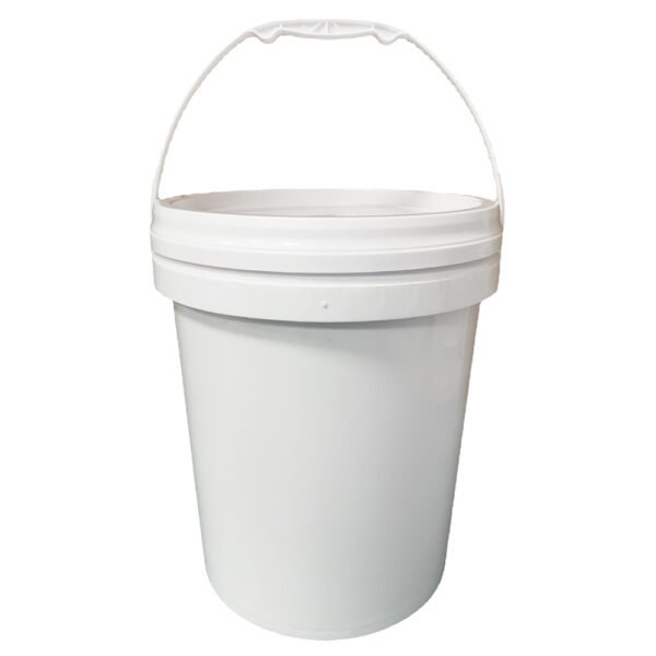 Front view of 5-gallon food grade plastic bucket with lid