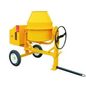 Yellow mini concrete mixer with drum, wheels, and control handle – ideal for small construction projects