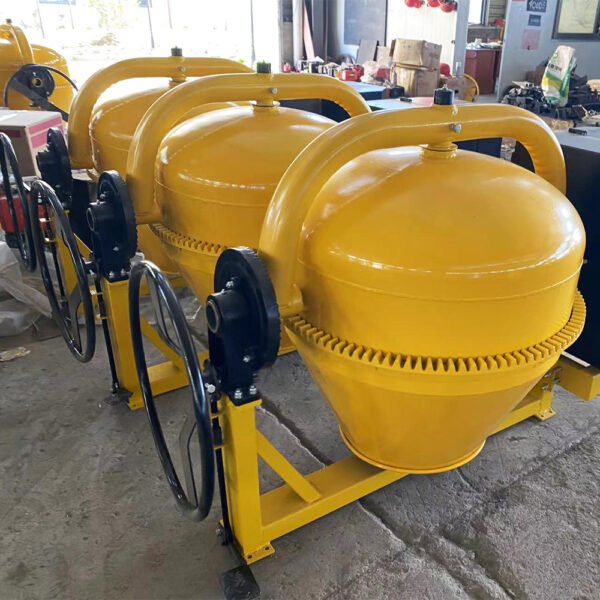 Multiple mini concrete mixers lined up in the factory, ready for packaging and shipment.
