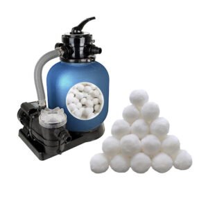 High-efficiency polyester fiber filter balls with a blue storage container for pool and industrial filtration
