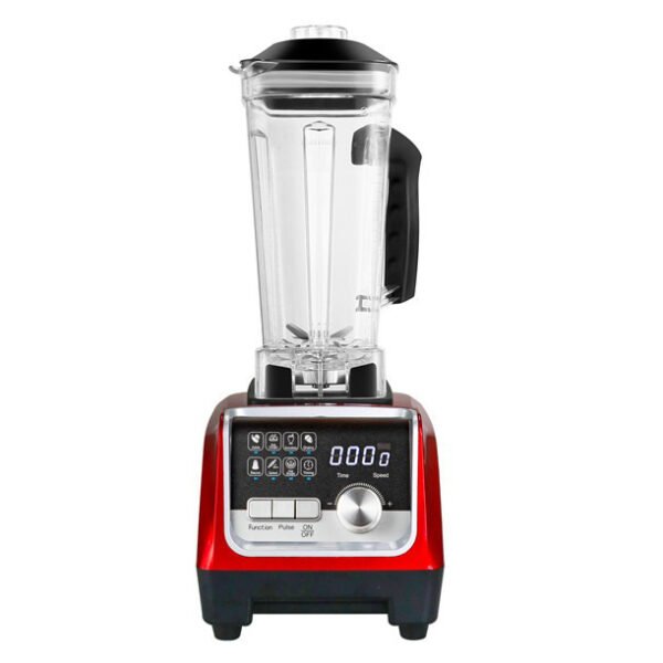 Red heavy-duty juicer blender with powerful motor and stainless steel blades