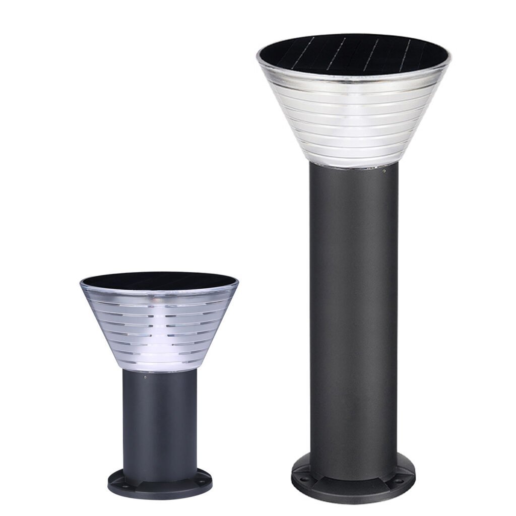 White background solar lawn light showing large and small models