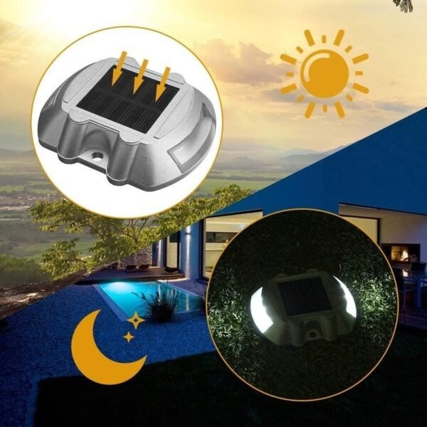 Solar-powered LED road marker charging under sunlight and glowing at night.