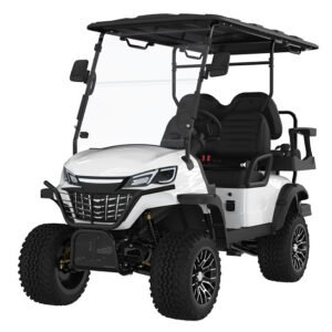 White 4-seater electric golf cart left side view with lithium battery
