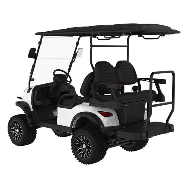White 4-seater electric golf cart left rear view showcasing premium features