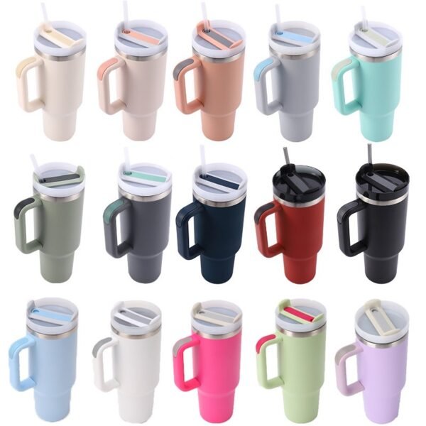 40oz Handle Thermos Cups in black, green, white, and more