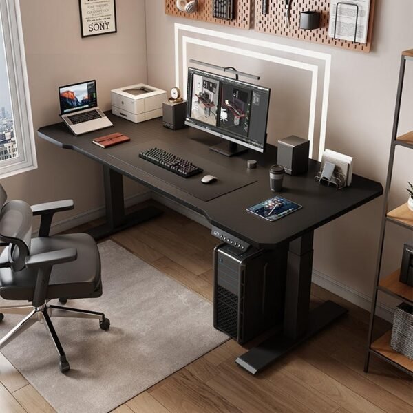 Ergonomic Adjustable Desk in a Home Office Setup with Laptop and Accessories