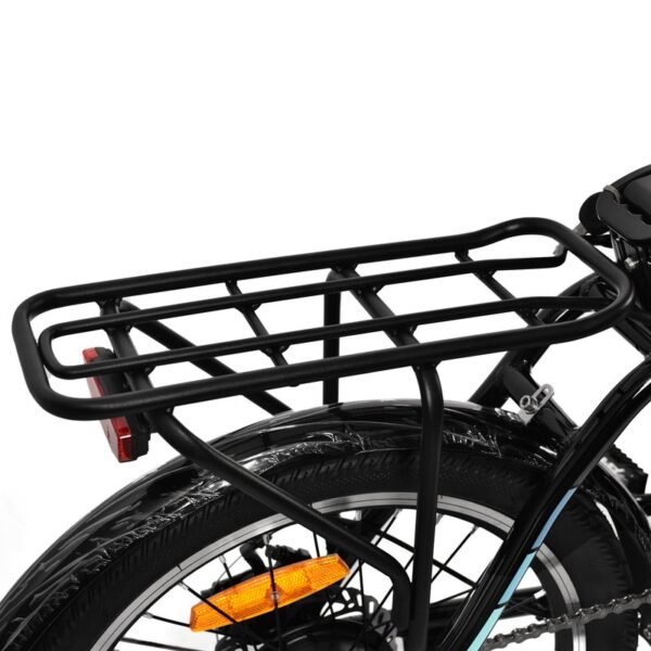 Sturdy rear rack for carrying cargo, backpacks, or groceries on city commutes