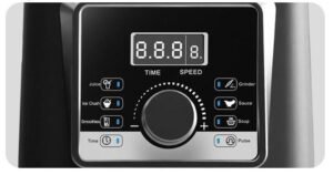 Knob control and digital display showing time and speed settings on a juicer blender