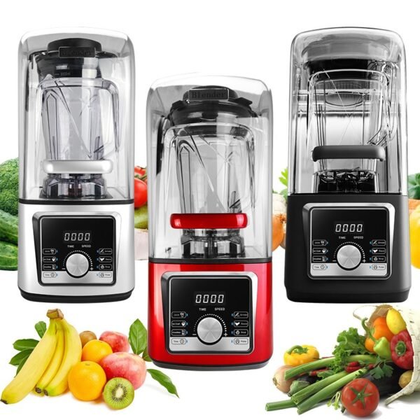 Juicer blender in three color options with fresh fruits and vegetables around