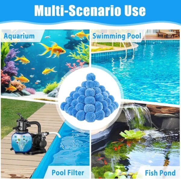 Versatile uses of blue polyester filter balls for aquarium, swimming pool, pool filter, and fish pond