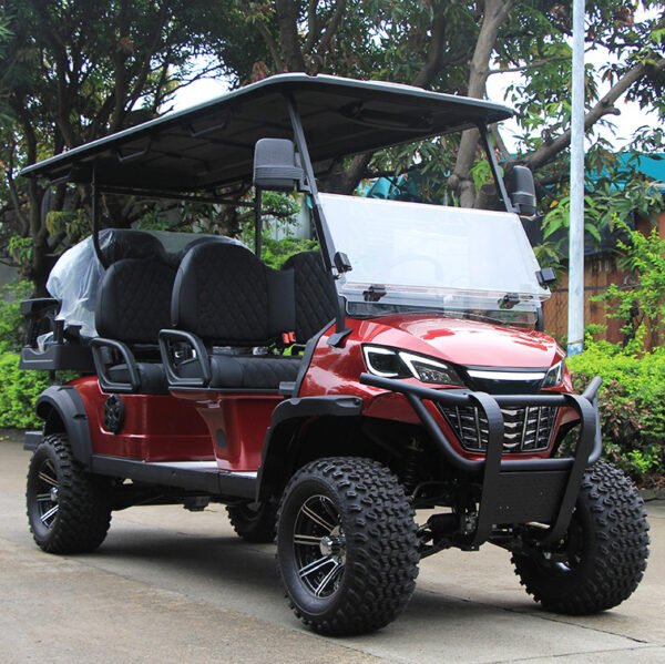 Off-road electric golf cart with rugged tires, lithium battery, and premium suspension