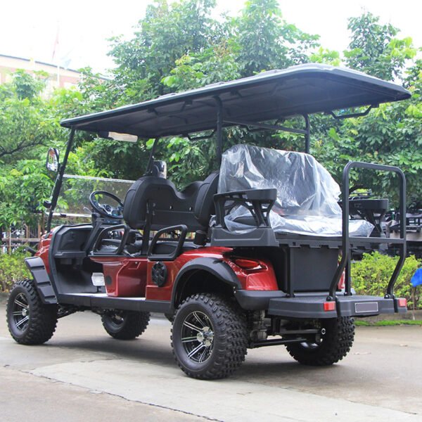 Recreational electric golf cart with premium seating and a sleek red finish