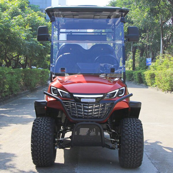 Front view of the red 4-seater lithium golf cart in real life