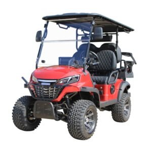 Red 4-seater lithium golf cart showcasing left side view