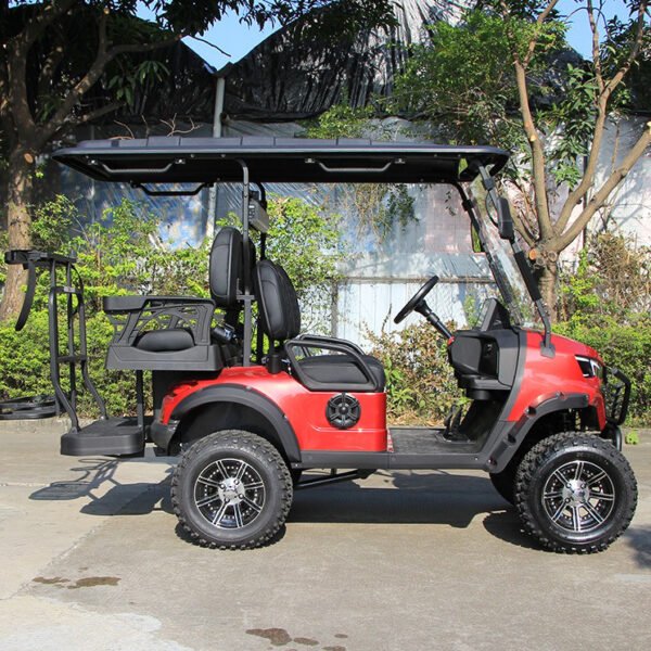 Rear view of the red 4-seater lithium golf cart