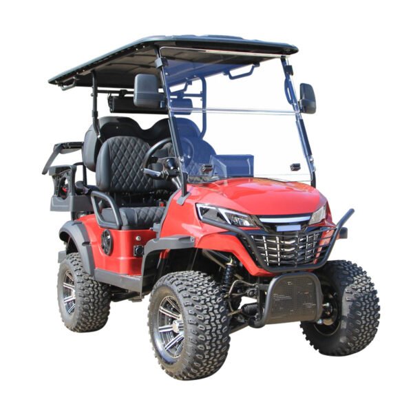 Red 4-seater lithium golf cart showcasing right side view