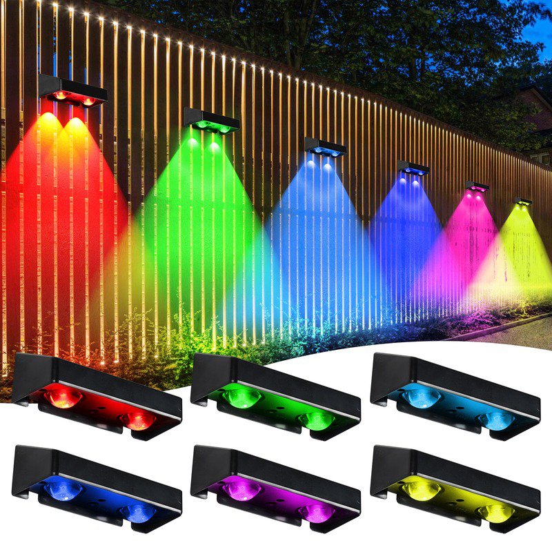 RGB solar fence light showing multiple color lighting effects on an outdoor fence at night