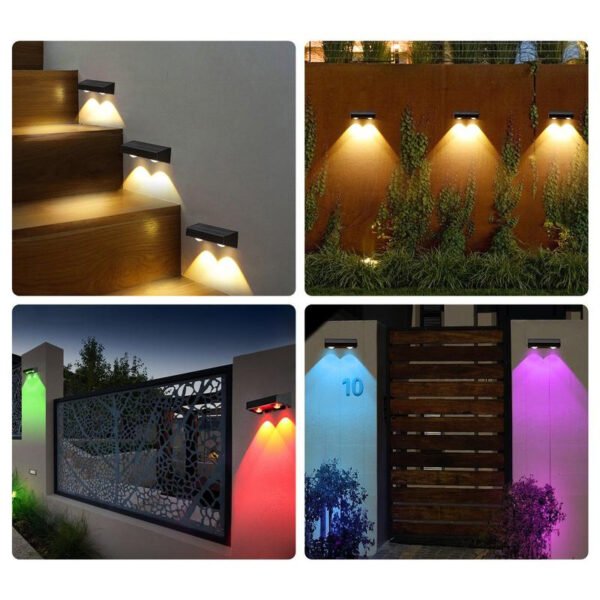 Various applications of solar fence light RGB: stairs, grass-covered wall, railing, and house number illumination.