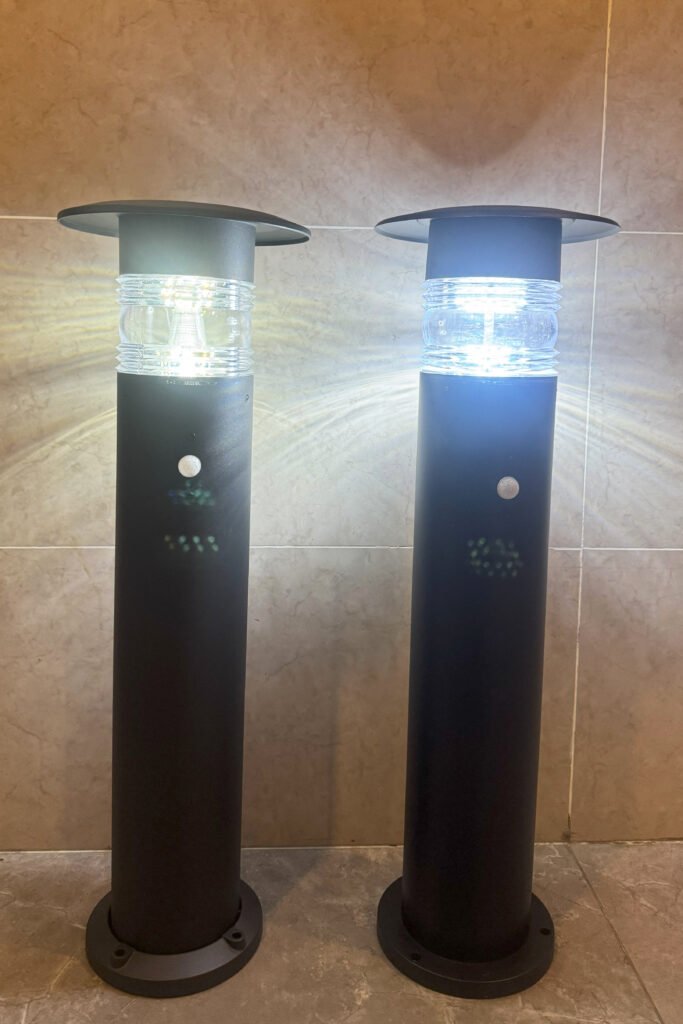 Hallway Test of LED solar lights: Warm Light Reflection LED solar lights illuminating a hallway with warm light