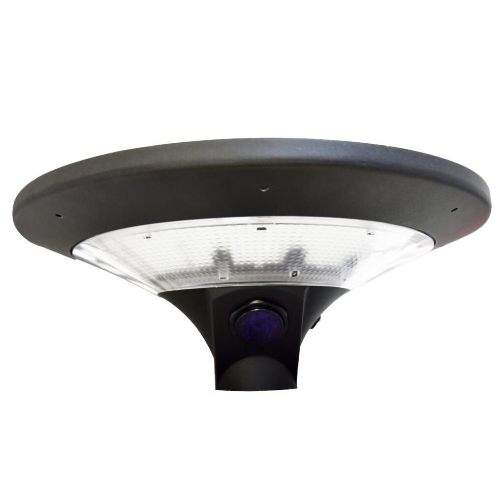 Front-facing view of black aluminum solar yard light with transparent lens and motion sensor