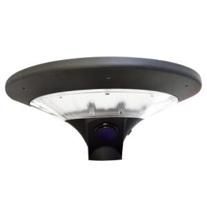 Front-facing view of black aluminum solar yard light with transparent lens and motion sensor