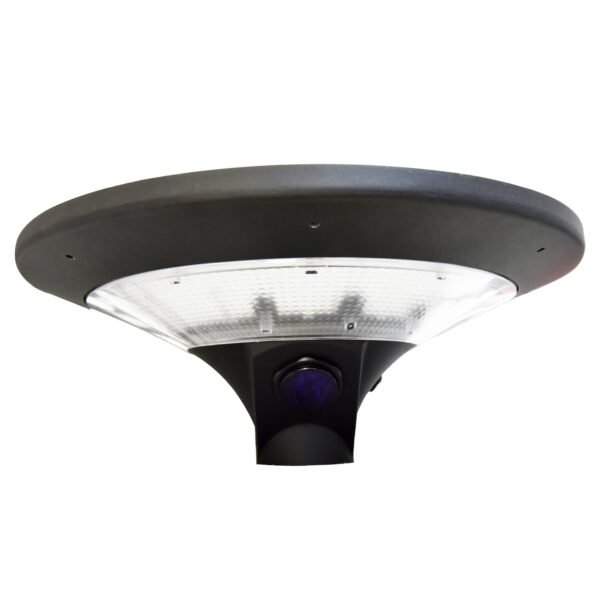 Front-facing view of black aluminum solar yard light with transparent lens and motion sensor