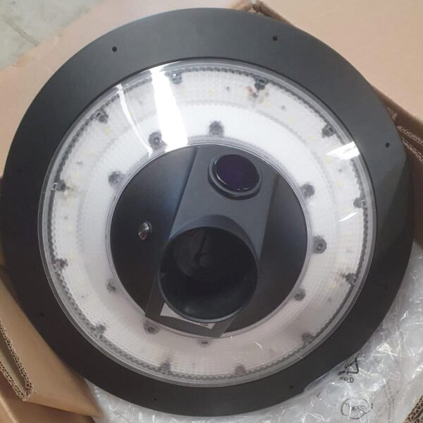 Unboxed solar yard light showing LED chip layout and motion sensor from bottom angle