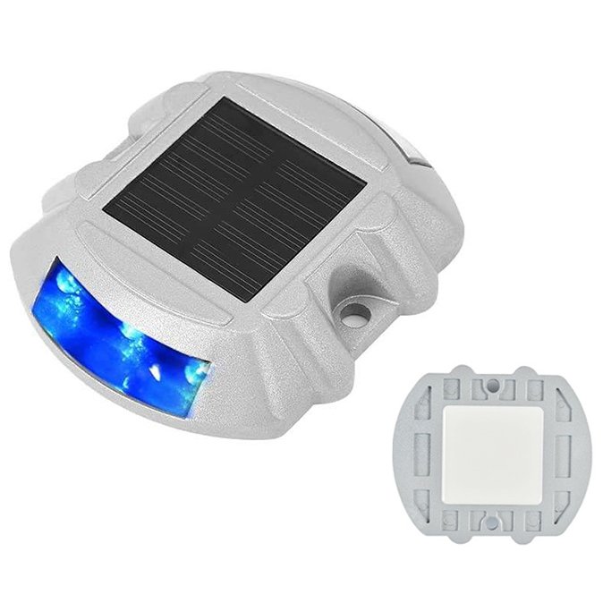 White background image of horse-shoe shaped solar road stud with front and back sides