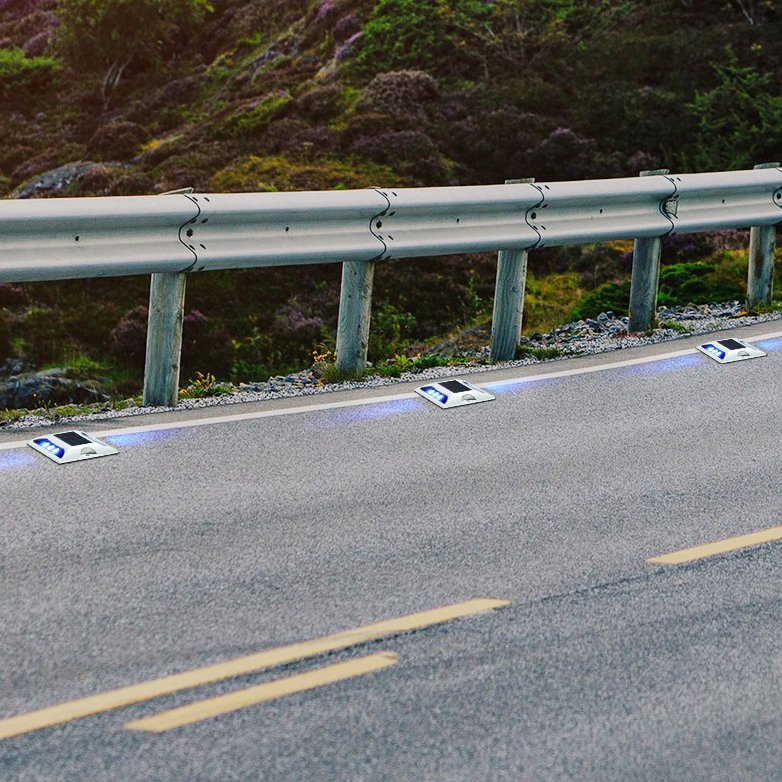 Solar path markers installed on expressway lanes at night