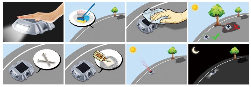 Step-by-step image guide showing solar road stud installation process