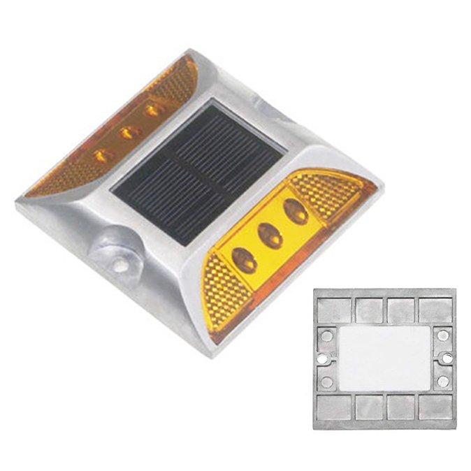 Front and bottom view of square-shaped solar road stud with blue and white lights