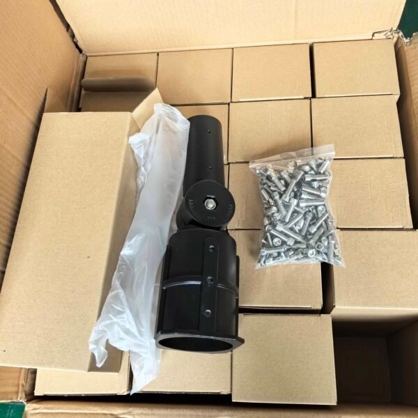 Black aluminium adjustable swivel pole adapter with screws, packaging box, and outer carton