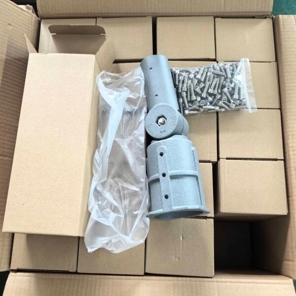 Grey aluminium adjustable swivel pole adapter with screws, packaging box, and outer carton