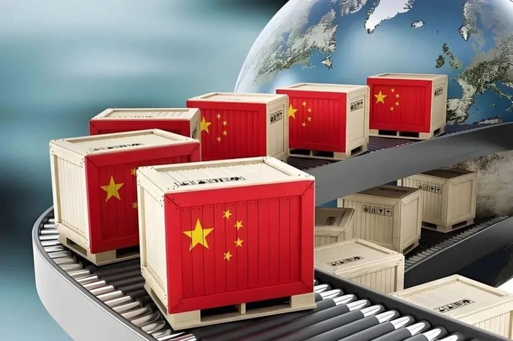 Conveyor belt delivering boxes with Chinese flags and Earth in background