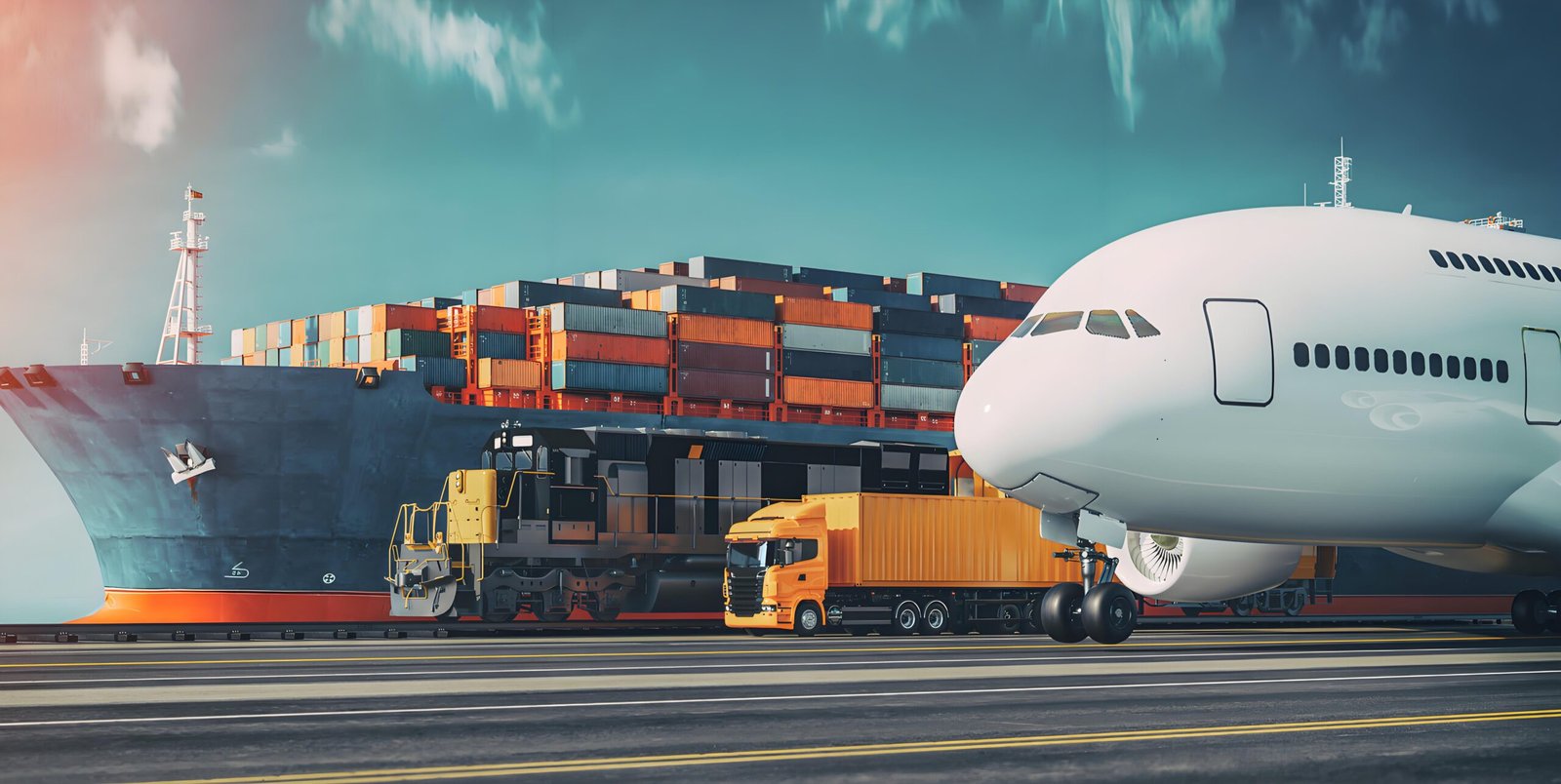 Freight shipping cargo for CBM calculation – ocean and air logistics Freight logistics visual showing container truck, ship, and airplane for CBM calculator