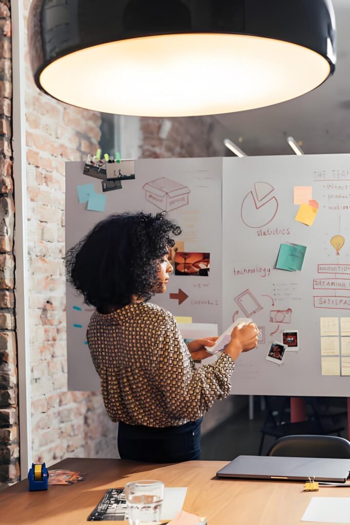 Businesswoman Analyzing Procurement Challenges in Office Environment A woman looking at a whiteboard filled with sticky notes and charts, reviewing sourcing challenges.