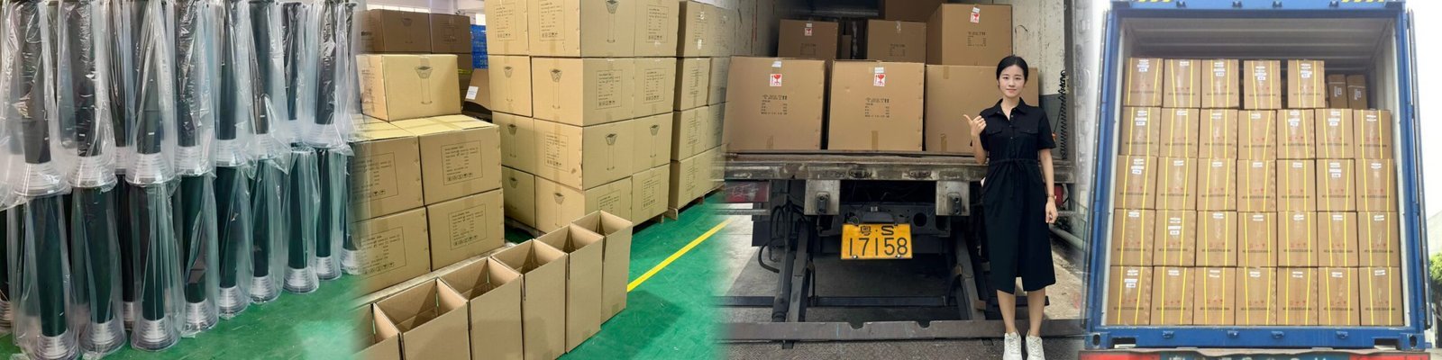 Photos showing JXNUO’s product sourcing process, quality control, and shipment preparation in China.