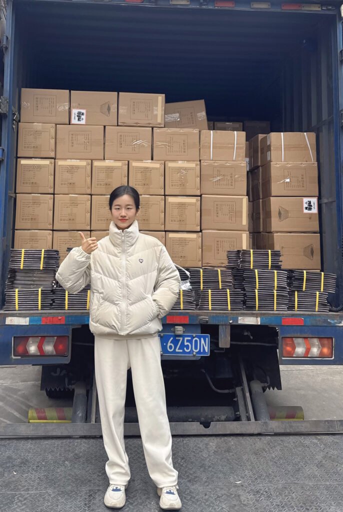 In-Person Product Inspection Before Shipment Inspector standing in front of packed goods during on-site inspection