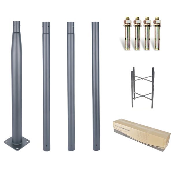 Main view of split-type galvanized steel light pole with base cage and packaging