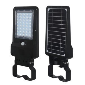12W solar street light 45-degree front view showing SMD LED array and 45-degree rear view showing solar panel and housing, 3 CCT, remote control