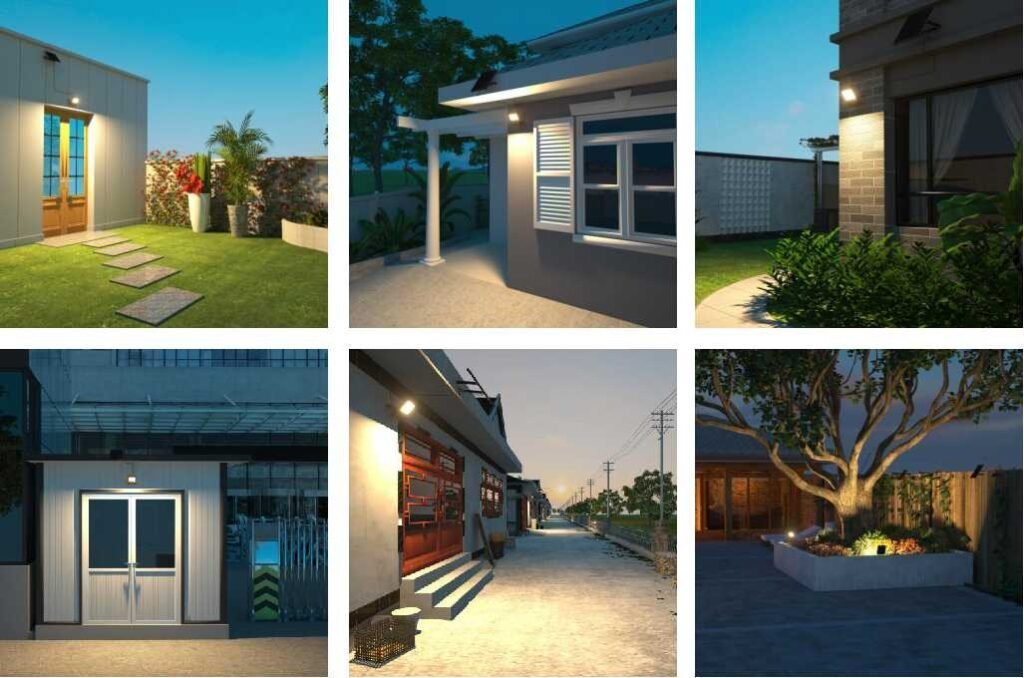 Installation scenarios of solar LED flood light, including home and factory use