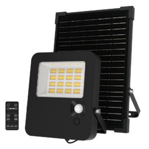 Front view of solar LED flood light with solar panel and remote control