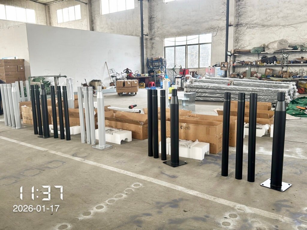 Street light poles prepared for quality inspection at factory